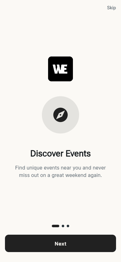 Écran d'onboarding WeekendEvasion